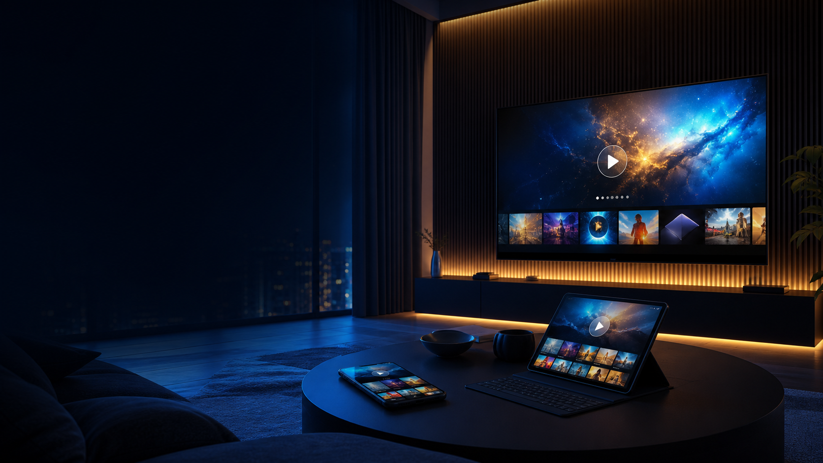Dispositivos mostrando una experiencia de streaming premium